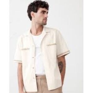 Banana Republic Mens Cream Short Sleeve Embroidered Camp Collar Resort Shirt S